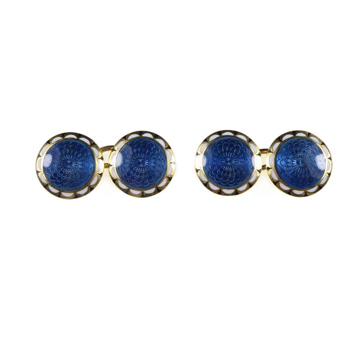 Pair of early 20th century blue and white guilloche enamel round panel cufflinks